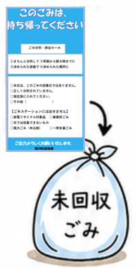 貼り紙を未回収ごみの袋に付けるイラスト